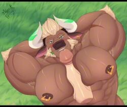 2boys abs animated armpit_hair armpits arms_behind_back arms_up bara beard big_breasts big_nipples big_pecs big_penis blue_eyes bovid bovine breasts brown_body brown_fur brown_skin bull dallawan dark_nipples frown fur furry gay grass grass_field gritted_teeth horn looking_at_viewer male male/male male_only mireikiphanie muscles muscular muscular_male nipple_piercing nipples pecjob pecs penis penis_between_breasts smile smiling smiling_at_viewer sound tagme veiny_penis video xxl_woofia