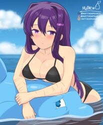 1girls arm_scar artist_signature beach big_breasts bikini black_bikini busty doki_doki_literature_club inflatable_dolphin light-skinned_female light_skin matthewpear01 purple_eyes purple_hair scars swimsuit yuri_(doki_doki_literature_club)
