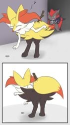 artist_request blue_eyes braixen furry photographing pokémon_(species) pokemon pokemon_(species) pussy zoroark