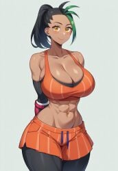 abs absurd_res ai_generated bare_shoulders black_hair black_leggings cleavage collarbone curvaceous curvy dark-skinned_female dark_skin female gloves green_eyes nemona_(pokemon) pokemon short_hair