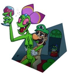 1girls 2boys alcohol arm_around_neck bed bedroom behind_another breasts cackletta clothed clothed_male_nude_female clothed_male_nude_male clothing dorigreen drunk facial_hair fawful female gloves green_hat green_skin hands_on_sides hat holding_wine_glass humanoid humanoid_female humanoid_male humanoid_on_humanoid indoors interspecies light-skinned_male light_skin luigi male male/female mammal mammal_humanoid mario_(series) mario_and_luigi:_superstar_saga mario_and_luigi_(series) mature mature_female mature_male nintendo nude nude_female nude_male open_mouth pink_eyes pussy sagging_breasts sitting sitting_behind_person smile straight teeth tongue transparent_background ugly_bitch ugly_female white_gloves wine wine_glass witch