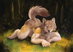 1boy 2016 5_fingers animal_genitalia anthro bare_back black_nose brown_eyes canine detailed_background fluffy fluffy_tail fur grey_fur looking_at_viewer male male_only mammal nude on_ground outside pawpads scale_(artist) sheath solo stick tan_fur teeth wolf