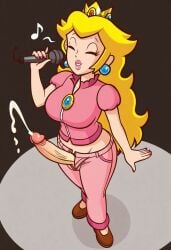 accurate_art_style ai_generated balls clothed cum ejaculation futanari intersex mario_(series) microphone music nintendo penis penis_out princess_peach singing solo super_princess_peach testicles
