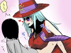 1boy 1boy1girl 1girls arukenimon blush cum cum_on_breasts digimon digimon_adventure_02 female female hat heart japanese_text ken_ichijouji lipstick male male/female older_female paizuri paizuri_under_clothes sunglasses text white_hair