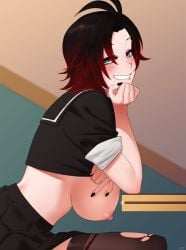 1girls black_hair breasts classroom exhibitionism eyebrow_piercing flashing goth large_breasts lip_piercing looking_at_viewer nipple_piercing nipples pierced_nipples piercing red_hair ruby_rose rwby school school_uniform short_hair silver_eyes sinccubi smile smirk smug sneaky solo stockings teasing torn_stockings