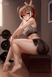 1girls 2d ai_generated ass barefeet big_ass breasts brown_hair erophoenix feet female female_focus full_body gym hairclip hololive hololive_english hololive_english_-council- hololive_english_-promise- indoors looking_at_viewer medium_breasts nanashi_mumei navel patreon_username short_shorts shorts solo solo_female sports_bra sweat thick thick_thighs toes uncensored virtual_youtuber vtuber
