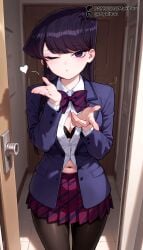 ;o ai_generated black_bra black_eyes black_hair black_pantyhose blazer blowing_kiss blue_jacket blush bow bowtie bra bra_peek breasts cleavage collared_shirt cowboy_shot diagonal-striped_bow diagonal-striped_bowtie diagonal-striped_clothes door doorway dress_shirt female hallway heart indoors jacket komi-san_wa_komyushou_desu komi_shouko komi_shuuko large_breasts long_hair long_sleeves looking_at_viewer medium_breasts miniskirt mykibuu navel one_eye_closed open_clothes open_door open_jacket pantyhose parted_lips partially_unbuttoned pleated_skirt pov_doorway purple_eyes red_skirt school_uniform shirt skirt solo standing straight_hair striped_bow striped_bowtie striped_clothes striped_skirt swept_bangs unbuttoned unbuttoned_shirt underwear white_shirt