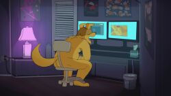 animated anthro bottomwear bottomwear_down canid canine canis clothed clothing computer deli_(delirost) delirost domestic_dog electronics genitals gooning hi_res looking_at_porn male male_only mammal masturbation nude pants pants_around_ankles pants_down partially_clothed penis pornography solo tail tail_motion tailwag tongue tongue_out