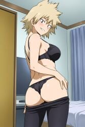 ai_generated ass ass_focus bed bedroom black_bra black_leggings black_panties blush bra female female_focus female_only leggings leggings_down looking_at_viewer mitsuki_bakugou my_hero_academia panties pinku.ai rear_view smirk