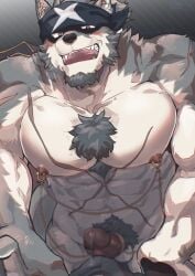 1boy abs another_eidos_of_dragon_vein_r anthro bandana bara bare_pectorals biceps black_bandana blush bulge collarbone cross_scar erection erection_under_clothes fangs frottage fullhouse_(another_eidos) furry furry_male grey_fur highres looking_at_viewer male_focus muscular muscular_male nipple_piercing nipples open_mouth pecs pectorals penis piercing precum sawch_cls scar wolf yaoi