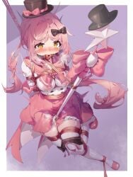 absurdres aiza-ku arms_behind_back ball_gag blush bondage bound bound_arms bound_legs breast_bondage breasts brown_eyes female gag gagged hat highres long_hair looking_at_viewer mage_staff medium_breasts pink_hair pleated_skirt pussy pussy_juice restrained sailor_collar school_uniform serafuku skindentation skirt staff_riding suspension thighhighs very_long_hair white_thighhighs zettai_ryouiki