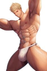 1boy abs absurd_res armpits arms_up bara beefy biceps big_areola big_breasts big_bulge blonde_hair breasts bulge bulge_through_clothing censor_bar censored censored_penis clenched_teeth frown fundoshi fundoshi_only gay genital_outline grin hi_res huge_breasts hunk japanese_clothes leaning_forward looking_at_viewer low-angle_view male male/muscles male_breasts male_only manly mature_male meisho_hanten muscular muscular_arms muscular_ass muscular_legs muscular_male muscular_thighs navel no_body_hair oppai original original_character pecs pointless_censoring quadriceps red_eyes rokushaku_fundoshi shadow shaved_armpit short_hair six_pack solo spiky_hair spread_legs standing sweat sweatdrop sweating sweaty thick thick_arms thick_thighs topless tough_guy translucent_clothing triceps very_high_resolution very_sweaty wet_fundoshi white_background white_fundoshi yaoi