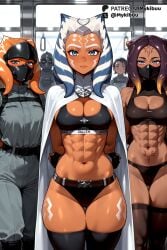 1boy 4girls abs ahsoka_tano ai_generated arms_behind_back ass_visible_through_thighs belt black_gloves black_panties black_sports_bra black_thighhighs blue_eyes blue_hair breasts cape cephalopod_eyes cleavage cleavage_cutout clone_wars clothing_cutout colored_skin dark-skinned_female dark_skin facial_mark facial_tattoo fingerless_gloves forehead gloves grey_eyes large_breasts looking_at_viewer lucasfilm mask medium_breasts mouth_mask multicolored_hair multiple_girls mykibuu navel obliques orange_hair orange_skin panties pubic_tattoo purple_hair skindentation sports_bikini sports_bra star_wars star_wars_rebels stomach stomach_tattoo tattoo tentacle_hair thick_thighs thigh_gap thighhighs thighs togruta toned train_interior underwear uniform wide_hips