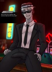 1boy bulge casino chance_(forsaken) fedora forsaken_(roblox) gay glasses grey_skin headphones male male_only nexophyte roblox roblox_game robloxian self_upload solo suit suit_and_tie sunglasses tagme tight_clothing tight_pants tuxedo white_hair yaoi