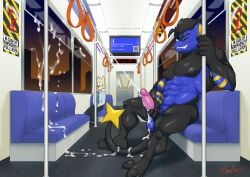2025 abs absurd_res anthro artbyyellowdog balls being_watched biped black_body black_fur black_hair blue_balls blue_body blue_fur blue_screen_of_death blush bodily_fluids canid canine canis claws closed_eyes clothing cum cum_on_balls cum_on_ground cum_on_own_balls cum_on_own_penis cum_on_penis cum_on_seat cum_on_self cum_on_wall cum_on_window cumshot detailed_background digital_media_(artwork) digitigrade domestic_dog duo ejaculation exhibitionism finger_claws fur generation_4_pokemon genital_fluids genitals glans hair hi_res humanoid_genitalia humanoid_penis inside looking_at_another luxray male male_anthro male_only mammal masturbation multicolored_body multicolored_fur muscular muscular_anthro muscular_male necktie nintendo nipples office_clothing paws pecs penis pink_glans pink_penis pokemon pokemon_(species) public public_masturbation public_nudity public_transportation roger_(artbyyellowdog) shirt sitting sweat toe_claws topwear yellow_body yellow_fur