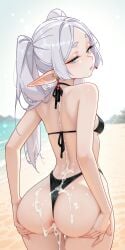 1girls after_sex ai_generated anus ass_grab beach bikini cum_in_ass cum_on_ass cum_on_back elf elf_ears frieren green_eyes highleg_bikini holding_ass leaking_cum long_hair looking_at_viewer looking_back panties_aside perfect_body skinny small_breasts solo sousou_no_frieren standing tired twintails viewed_from_behind white_hair