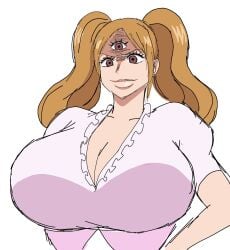brown_hair busty charlotte_pudding clothed forehead_eye large_breasts momijizx multi_eye one_piece purple_eyes simple_background twintails white_background