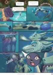 absurd_res aleks_pakaralex anthro ass bodily_fluids clothed clothing comic dialogue digital_media_(artwork) duo english_text felid female fish fur genitals grey_body hair hi_res khajiit male male/female mammal marine microsoft open_mouth pool public pussy shark size_difference smile swimming_pool tail teeth text the_elder_scrolls vulva water