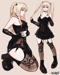 armwear ass big_ass big_breasts black_boots black_nails blonde_hair boots breasts brown_eyes collar death_note dress female fishnets isavi kneeling large_breasts lifting_skirt long_hair looking_at_viewer misa_amane multiple_views on_knees spiked_collar standing thick_thighs thighhighs thighs twintails