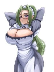 absurdres arms_up blush breasts cleavage cleavage_cutout clothing_cutout female glasses green_hair hanyuu_mizuki highres large_breasts long_hair looking_at_viewer maid maid_headdress ponytail purple_eyes red-framed_eyewear solo transparent_background vampire_(ova)