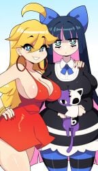 2girls ahoge bangs blonde_hair blue_eyes blunt_bangs dark_blue_hair dress earrings female female_only goth grin grinning_at_viewer hair_ribbon hand_on_another's_shoulder hand_on_hip hi_res j5daigada long_hair looking_at_viewer panty_&_stocking_with_garterbelt panty_anarchy pink_hair sideboob smiling smiling_at_viewer stocking_anarchy striped_thighhighs thighhighs two_tone_hair