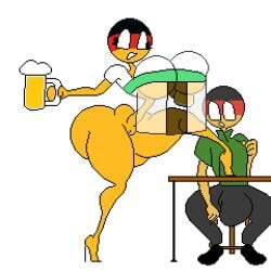 1boy 1girls beer beer_mug big_breasts bottomless breasts bulge countryhumans female full_body germany_(countryhumans) heels high_quality keelgabeytheart male mug one_leg_on_table pussy sitting smile standing