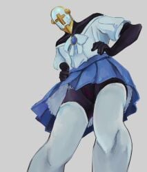 1boy blue_skirt clothed cuntboy cuntboy_focus cuntboy_only dress dressed gabriel_(ultrakill) helmet intersex jewel looking_at_viewer male male_focus male_only masked_male pussy simple_background tagme thighhighs transgender_man ultrakill upskirt white_shirt white_thighhighs