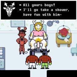 after_sex anthro armor asgore_dreemurr ass beard bed belly belly_hair blonde_hair bodily_fluids body_hair boss_monster_(undertale) bottomless bovid caprine chair chest_hair clothed clothing cum cum_on_ground deltarune dialogue digital_media_(artwork) dot_eyes dragon english_text facial_hair flower fur furniture genital_fluids genitals goat group hair hand_on_hip headgear helmet hi_res horn imminent_sex inviting joalmidon lagomorph leporid long_ears lying lying_on_bed male male/male mammal mature_anthro mature_male mythological_creature mythological_scalie mythology nude on_bed overweight overweight_anthro overweight_male penile penis pixel_(artwork) plant pubes rabbit rear_view rg01_(undertale) rg02_(undertale) rose_(flower) rudolph_holiday scalie simple_eyes skinny smile text topwear undertale undertale_(series) white_body white_fur