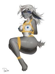 3:4 4_toes absurd_res angry anthro arms_tied bat bat_ears bat_nose blue_blush blue_eyes blue_nipples blue_vulva blush bondage bound breasts claws clenched_teeth colored digital_drawing_(artwork) digital_media_(artwork) ears_down feet female full-length_portrait fur gag genitals glowing grey_body grey_fur hair hands_behind_back hi_res iselle_(snubby) legs_tied legs_together long_ears lying mammal nipples nude on_side pasties pivoted_ears ponytail portrait pussy restraints rope rope_bondage rope_harness short_tail signature simple_background solo tail teeth toes tyo_dem vulva white_background white_hair