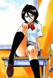 1girls accurate_art_style ai-created ai_generated annoyed black_hair black_legwear black_socks bleach bow brown_footwear brown_shoes cel_shading classroom clothing cowboy_shot desk eyebrows female footwear foreshortening front_view frown gnomro hair_between_eyes high_resolution highres innie kneehighs kuchiki_rukia legs legwear light-skinned_female light_skin line_art loafers long_legs looking_at_viewer manga_style nopan on_desk petite pinup pleated_skirt purple_eyes red_bow school_desk school_uniform serious shiny shiny_hair shiny_skin shirt shoes short_hair short_sleeves sitting sitting_on_desk skirt slender_waist slim slip-on_shoes socks solo tite_kubo_style uniform v-shaped_eyebrows vagina warm_colors white_shirt window