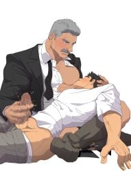 2boys abs age_difference black_hair black_jacket black_necktie blush brown_eyes butler clenched_teeth clothed_sex clothes_pull collared_shirt commentary erection facial_hair gay grey_hair grey_pants grey_socks hand_on_another's_head handjob highres indian_style jacket large_pectorals legwear_garter looking_at_another lying lying_on_person male_focus male_underwear male_underwear_pull motion_lines moustache multiple_boys muscular muscular_male necktie nose nursing_handjob old old_man on_back open_clothes open_jacket original pants pants_pull pectorals penis saliva shirt shirt_partially_removed short_hair short_sleeves shumeru_hito_(a_sumerian0112) simple_background sitting socks sucking_male_nipple sweatdrop tailcoat teeth thick_eyebrows thick_mustache underwear undone_necktie untranslatable_commentary veins veiny_arms very_short_hair white_background white_male_underwear white_shirt wrinkled_skin