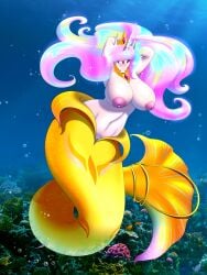1girls 3:4 absurd_res ambient_coral ambient_sealife anthro aquatic areola big_breasts blue_highlights blueondrive breasts bubble crown equid equine eyeshadow female friendship_is_magic gem genitals glistening glistening_breasts gold_(metal) gold_jewelry green_highlights hair hands_behind_head hasbro headgear hi_res highlights_(coloring) horn jewelry looking_at_viewer makeup mammal merfolk mermaid_tail multicolored_hair my_little_pony mythological_creature mythological_equine mythology narrowed_eyes navel necklace nipples nude photo_background photography_(artwork) pink_eyeshadow pink_hair princess_celestia_(mlp) scales small_waist solo sparkles sparkling_hair split_form tail tiara underwater unicorn vulva water white_body wide_hips yellow_body yellow_scales yellow_tail
