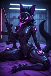 ai_generated animal_genitalia anthro armor armored_female black_body black_fur breasts canine claws drooling drooling_tongue feet female female_only fur furry genitals hi_res humanoid, inviting looking_at_viewer nude nude_female on_bed paws protogen purple_eyes pussy robot sitting sitting_on_bed sniper_rifle solo spread_legs tail tongue tongue_out weapon