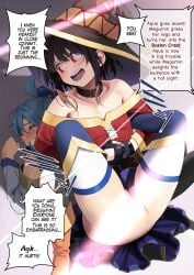aqua_(konosuba) blue_eyes blue_hair brown_hair domination fight fighting fighting_ring kineluchs kono_subarashii_sekai_ni_shukufuku_wo! megumin no_panties red_eyes upside-down wrestling
