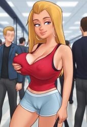 1girls 2d 2d_(artwork) ai_assisted ai_generated big_breasts blonde_female blonde_hair blue_eyes breasts cameltoe clothed clothing digital_drawing_(artwork) digital_media_(artwork) earrings erect_nipples_under_clothes female female_focus female_only jean_shorts kiwimike light-skinned_female light_skin nipples_visible_through_clothing public pussy pussy_lips roxxy_(summertime_saga) shirt summertime_saga tank_top tease teasing teenage_girl teenager vagina