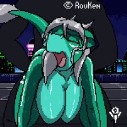 2016 all_fours animated anthro blue_eyes breasts character_request city doggy_style dragon female from_behind_position front_view grey_hair horn male night original original_character penetration pixel_art plaga rooftop rouken scalie sex straight text view