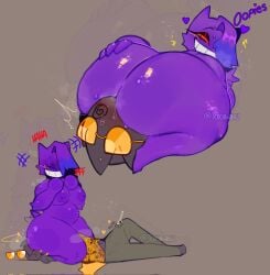 areola banette big_breasts big_butt black_body blush blush_lines bodily_fluids bottomwear breasts butt claws clothing cum cum_in_clothing cum_through_clothing darkened_nipples duo ejaculation eyewear facesitting female generation_1_pokemon generation_3_pokemon gengar genital_fluids gesture glasses glistening glistening_butt hand_gesture heart_reaction hi_res laugh looking_at_another looking_back lucy_(c3ga) male male/female nintendo nipples pants pokemon pokemon_(species) purple_areola purple_body purple_breasts purple_nipples red_sclera rick_(toxybabu) shirt signature simple_background sitting sitting_on_another smile spiral spiral_eyes sweat sweaty_butt sweaty_face topwear toxybabu v_sign vaginal_fluids vaginal_fluids_on_face wet wet_clothing yellow_claws yellow_eyewear yellow_glasses