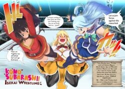 aqua_(konosuba) blonde_hair blue_eyes blue_hair brown_hair darkness_(konosuba) dominant dominant_female domination fight fighting fighting_ring kineluchs kono_subarashii_sekai_ni_shukufuku_wo! megumin red_eyes wrestling yuri
