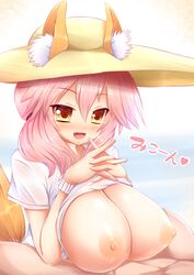 1boy 1girls animal_ears blush breasts fangs fate/extra fate/grand_order fate_(series) female fox_ears fox_tail hat heart kane-neko large_breasts light-skinned_female light-skinned_male light_skin nipples open_mouth paizuri pink_hair shirt solo_focus tail tamamo_no_mae_(fate) text translation_request white_shirt yellow_eyes