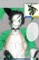 black_hair choker choker_charm choker_collar clawed_fingers clawed_gloves curly_hair doodle gloves glowing_eyes green_eyes harlequin_(the_freak_circus) jester jester_cap jester_costume jester_hat jester_outfit meme meme_reference monster monster_boy muscles no_pupils oneirocorrp open_shirt pecs pectorals screenshot sharp_claws sharp_fangs short_hair short_hair_male the_freak_circus