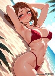 2026 ai_generated anime armpits arms_behind_head arms_up beach bikini blue_sky blush boku_no_hero_academia breasts brown_eyes brown_hair cleavage covered_nipples crossover day dutch_angle eye_contact female female_focus female_only flushed highleg highleg_bikini highres huge_breasts large_breasts lips looking_at_viewer lying midriff my_hero_academia navel nsfw ocean ochako_uraraka on_back outdoors palm_tree parted_lips patreon patreon_username red_bikini rognezart sand short_hair sky solo stomach sweat sweaty swimsuit thick_thighs thighs tree uraraka_ochako wet