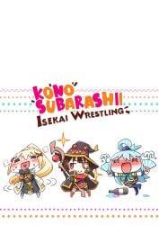 3girls aqua_(konosuba) blonde_hair blue_eyes blue_hair brown_hair chibi darkness_(konosuba) female female_focus female_only kineluchs kono_subarashii_sekai_ni_shukufuku_wo! megumin red_eyes