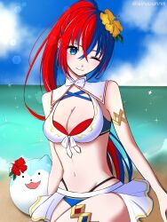 absurdres alear_(female)_(seaside_dragon)_(fire_emblem) alear_(fire_emblem) alear_(fire_emblem)_(female) alluring armlet arururunnnn bikini blue_bikini blue_eyes blue_hair breasts character_ball cleavage criss-cross_halter crossed_bangs female fire_emblem fire_emblem_engage fire_emblem_heroes gold_armlet gold_thighlet halterneck heterochromia high_ponytail highres intelligent_systems jewelry large_breasts long_hair multicolored_bikini multicolored_hair multicolored_swimsuit nintendo official_alternate_costume official_alternate_hairstyle ponytail red_bikini red_eyes red_hair scratching_arm showgirl_skirt sommie_(fire_emblem) split-color_hair swimsuit thighlet two-tone_hair very_long_hair white_bikini
