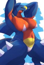anthro big_breasts bikini black_sclera blue_body blue_scales breasts camel_toe clothing crouching curvy_figure dorsal_fin dragon female fin garchomp generation_4_pokemon hands_behind_head hi_res kemono micro_bikini mythological_creature mythological_scalie mythology nintendo nipple_outline nipples non-mammal_breasts non-mammal_nipples plache6 pokemon pokemon_(species) pupils red_body red_scales scales scalie sharp_teeth slit_pupils solo spikes spread_legs spreading swimwear tail teeth thick_thighs thigh_spikes two-piece_swimsuit yellow_eyes