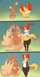 2girls big_ass big_butt braixen breasts buneary delphox female fennekin fox furry immortalstar inner_ear_fluff inverted_nipples lopunny nintendo nipples one_eye_closed orange_eyes pokémon_(species) pokemon pokemon_(species) pokemorph pussy rabbit red_eyes size_difference smile standing thick_thighs tongue tongue_out video_games wide_hips