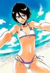 1girls accurate_art_style accurate_body_type ai_generated bare_arms bare_shoulders beach belly_button bikini bikini_bottom bikini_top black_hair bleach bleach:_the_thousand-year_blood_war breasts cel_shading clavicle clothing cloud collarbone cowboy_shot day facing_viewer female female_focus female_only front_view full_color gnomro hair_between_eyes highres kuchiki_rukia layered_bikini light-skinned_female light_skin line_art looking_at_viewer manga_style midriff navel ocean outdoors outstretched_arms petite pinup purple_eyes reaching_towards_viewer shiny_skin short_hair side-tie_bikini side-tie_bikini_bottom side-tie_clothing sky slender_waist small_breasts smile solo solo_focus swimsuit thighs tite_kubo_style triangle_bikini water water_drop wet wet_body wet_skin white_bikini white_swimsuit