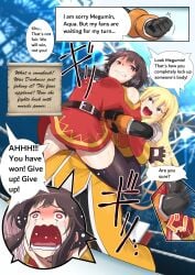 black_panties blonde_hair blue_eyes brown_hair darkness_(konosuba) domination fight fighting fighting_ring kineluchs kono_subarashii_sekai_ni_shukufuku_wo! lifting lifting_person megumin red_eyes revenge sitting sitting_on_person upside-down wrestling yuri