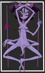 1girls 6_arms anorexia barefoot fangs feet female hairbow heart monster_girl muffet multi_arm multi_eye multi_limb navel no_nipples nude purple_skin short_twintails solo tomatojam undertale