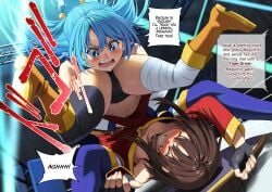 aqua_(konosuba) black_panties blue_eyes blue_hair brown_hair domination fight fighting fighting_ring kineluchs kono_subarashii_sekai_ni_shukufuku_wo! megumin red_eyes upside-down wrestling yuri