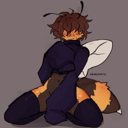 1boy 1femboy 2026 2d 2d_(artwork) antennae_(anatomy) anthro arthropod arthropod_abdomen arthropod_humanoid band-aid band-aid_on_face bandaid bandaid_on_face bee bee_boy bee_humanoid black_clothing black_sweater black_thigh_highs black_thighhighs black_topwear blush_lines bottomless bottomless_femboy bottomless_male brown_hair clothed clothing color colored commission covering covering_crotch covering_self demonikyu digital_drawing_(artwork) digital_media_(artwork) femboy femboy_only humanoid insect_humanoid insect_wings insects male male_only partially_clothed shy simple_background solo solo_femboy solo_male stinger sweatdrop thigh_highs thighhighs topwear turtleneck turtleneck_sweater wings yellow_body